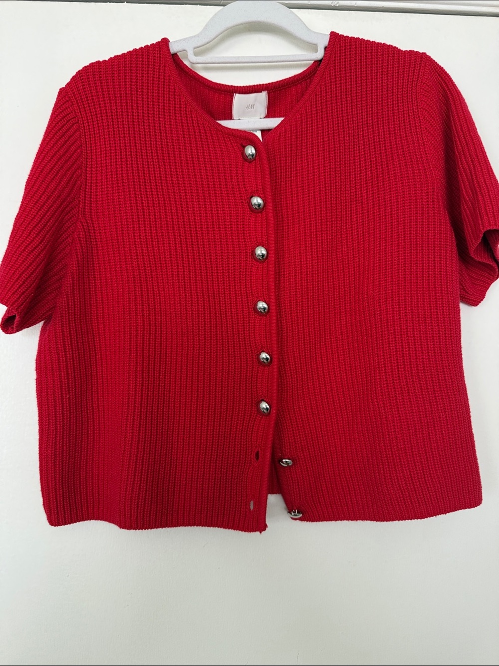 H&M Bright Red Short-Sleeve Button-Up Knit Top